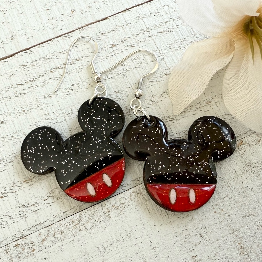 Black and Red Mickey Glitter Earrings Sterling Silver